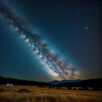 long exposure of a night sky with a large star in the middle of it and a field of grass