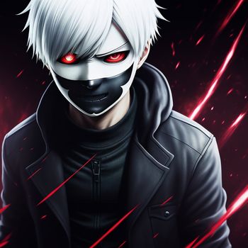 man with a black jacket and red eyes wearing a mask and a black jacket with red eyes and a black jacket