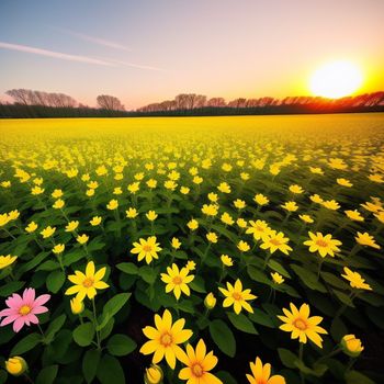 field of flowers with the sun setting in the background and a field of grass with flowers in the foreground