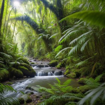 stream running through a lush green forest filled with trees and ferns