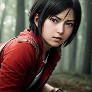 woman with black hair and a red shirt in a forest with trees and leaves on the ground and a forest background