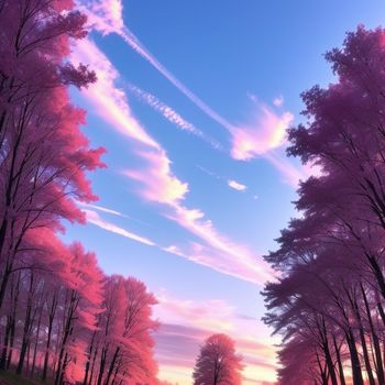 road with trees and a sky with pink clouds in the background and a car driving down the road