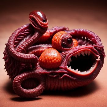 red sculpture of a creature with its mouth open and teeth wide open