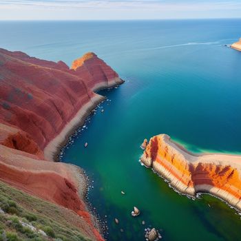 body of water surrounded by red cliffs and green grass and a blue sky with clouds in the background