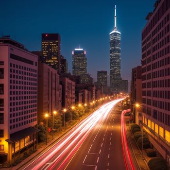 city street with a very tall building in the background at night time with long exposure of light streaks