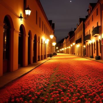 street with a lot of flowers on the ground and lights on the buildings and street lamps on the side of the street