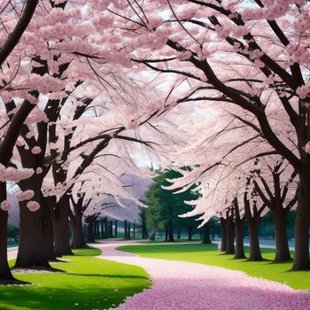 pink pathway lined with trees and grass in a park with pink flowers on the trees and grass in the foreground