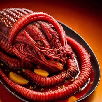 plate with a red creature made of food on it's side and a yellow object in the middle of the plate