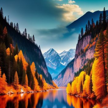 mountain lake surrounded by trees with orange leaves on it and a mountain range in the background with a blue sky