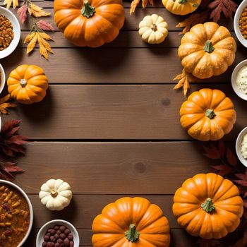 table topped with bowls of food and pumpkins on top of it's sides and a bowl of beans