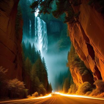 road going through a tunnel with a waterfall in the background at night time with lights on the road