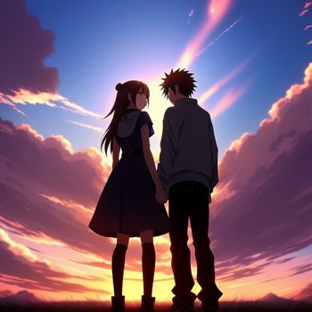 couple of people standing in front of a sunset with clouds in the background and a sky with clouds