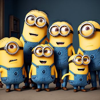 group of minion characters standing next to each other in a room with a blue wall and a blue carpet