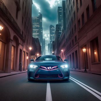 blue sports car driving down a city street at night with tall buildings in the background and a cloudy sky