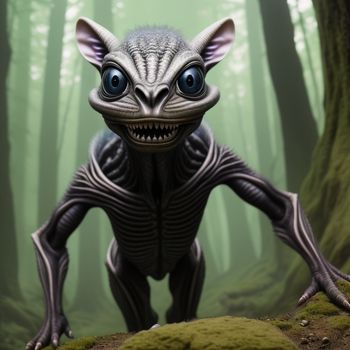 weird looking creature with big eyes in a forest with mossy ground and trees in the background