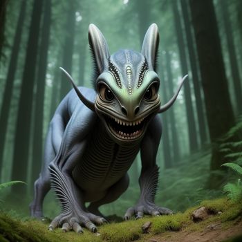 creature with a large grin on its face in a forest with trees and grass