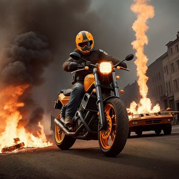 man riding a motorcycle on a street with a lot of fire behind him and a truck behind him