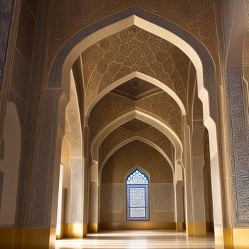 hallway with a large window and a tiled floor with a white wall and ceiling with blue and gold designs