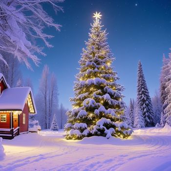 christmas tree in a snowy landscape with a lit star on top of it and a cabin in the background