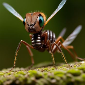 close up of a fly with a green background and a blurry background behind it