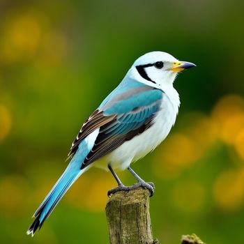 small bird perched on a wooden post in a forest setting with blurry trees in the background and a green boke of leaves