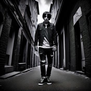 man in a black jacket and ripped jeans standing in an alleyway with a black and white background