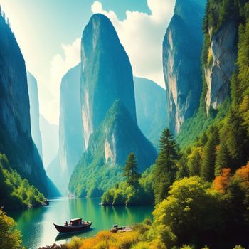 boat is floating in a river surrounded by mountains and trees in the background