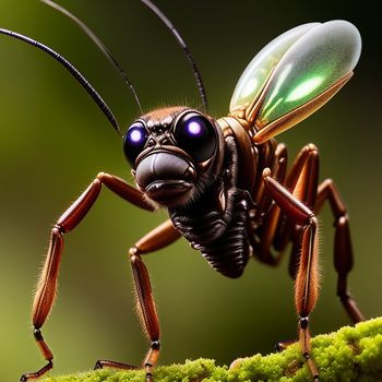 close up of a bug on a plant with a green light on its face and eyes
