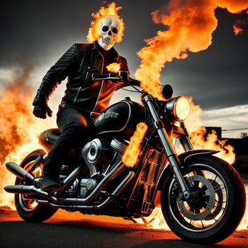 man riding a motorcycle on a road with a lot of fire behind him and a sky background with clouds