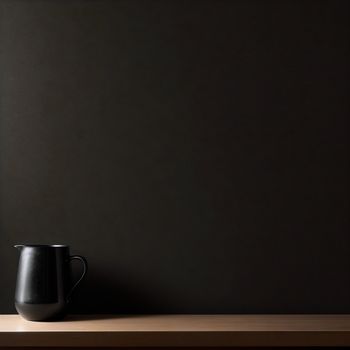 black cup sitting on top of a wooden table next to a window sill in a dark room