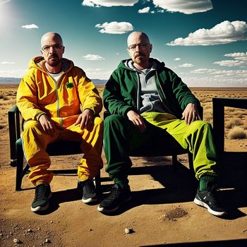 two men sitting on a bench in the desert