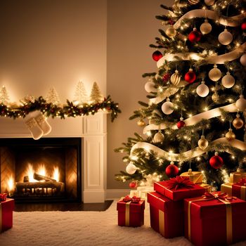 christmas tree with presents under it in front of a fireplace with a lit fireplace mantel and stockings