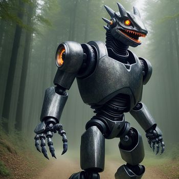 robot with a glowing eye and a creepy face is walking in the woods with a trail in front of it