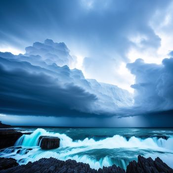 large body of water surrounded by rocks and a sky filled with clouds above it and a waterfall below