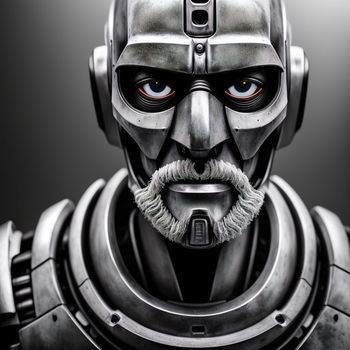 robot with a beard and a mustache on a black background with a gray background and a gray background