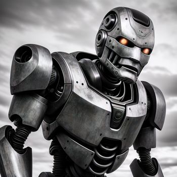 robot is standing in the middle of a field with a cloudy sky in the background and a red light on his eyes