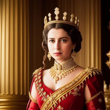 woman in a red dress wearing a gold crown and a tiara with a diamond necklace and earrings