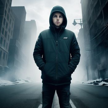 man standing in the middle of a street in a hooded jacket and pants with his hands in his pockets