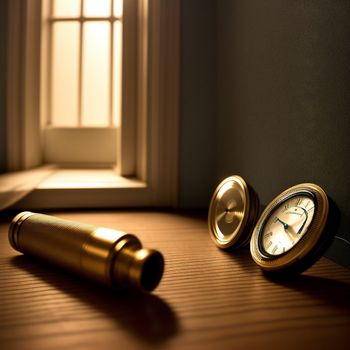 small clock sitting on a table next to a window with a light coming through it and a flashlight on the floor