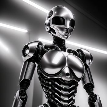 robot is standing in a room with a light on it's side and a black and white background
