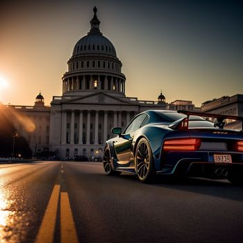 blue sports car driving down a street in front of a building with a dome on top of it