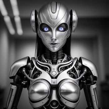 robot woman with blue eyes and a black and white background is shown in this image