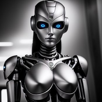 robot with blue eyes and a silver body is standing in a dark room with a light on it