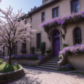 house with a purple door and flowering trees in front of it and a brick walkway leading to the front door