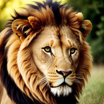 lion with a mane and blue eyes is looking at the camera while laying in the grass in front of a tree