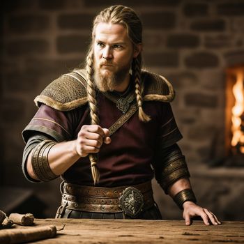 man with a braid and a beard in a medieval costume holding a sword and looking at the camera