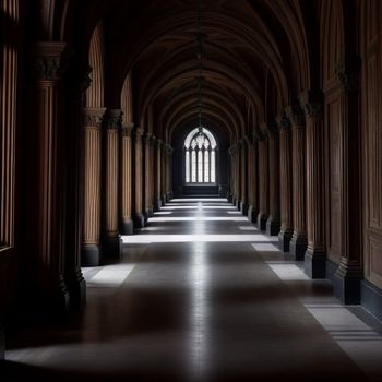 long hallway with a large window and a long wall with columns on both sides of it and a long floor