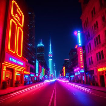 city street with neon lights and buildings in the background at night time with a neon sign on the side of the road