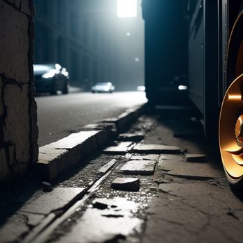 street with a yellow tire on it and a car parked on the side of the road in the background