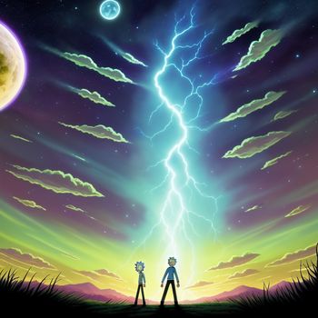 two people standing in front of a lightning bolt in the sky with a full moon in the background and a full moon in the sky